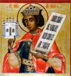 Царь Соломон, держащий в руках изображение храма. Икона из церкви Преображения в Кижах. XVIII в.