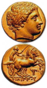 Александр в образе Аполлона. Монета его отца царя Филиппа