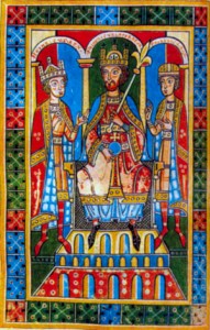 Фридрих Барбаросса (в центре) и его сыновья Генрих и герцог Фридрих. Рисунок XIII в.