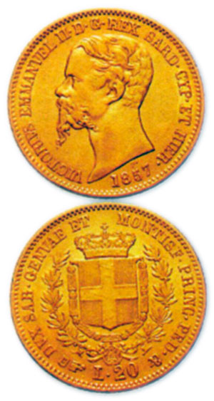 Профиль Виктора Эммануила И на монете. 1857 г.