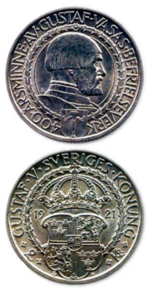 Памятная монета с портретам Густава I, отчеканенная по поводу 400-летия освобождения Швеции от датского господства. 1921 г.