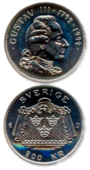 Шведская памятная монета, посещенная 200-летию Густава III. 1992 г.