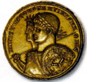 Золотая монета с изображением Константина и Лиция. 313 г.