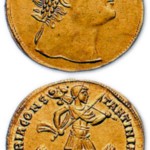 Золотой солид Константина I, на голове у него диадема из трех рядов жемчуга
